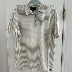 Even Tide Men’s Stripe Polo Shirt Size Large Fall Colors Blue Brown Stripe EUC